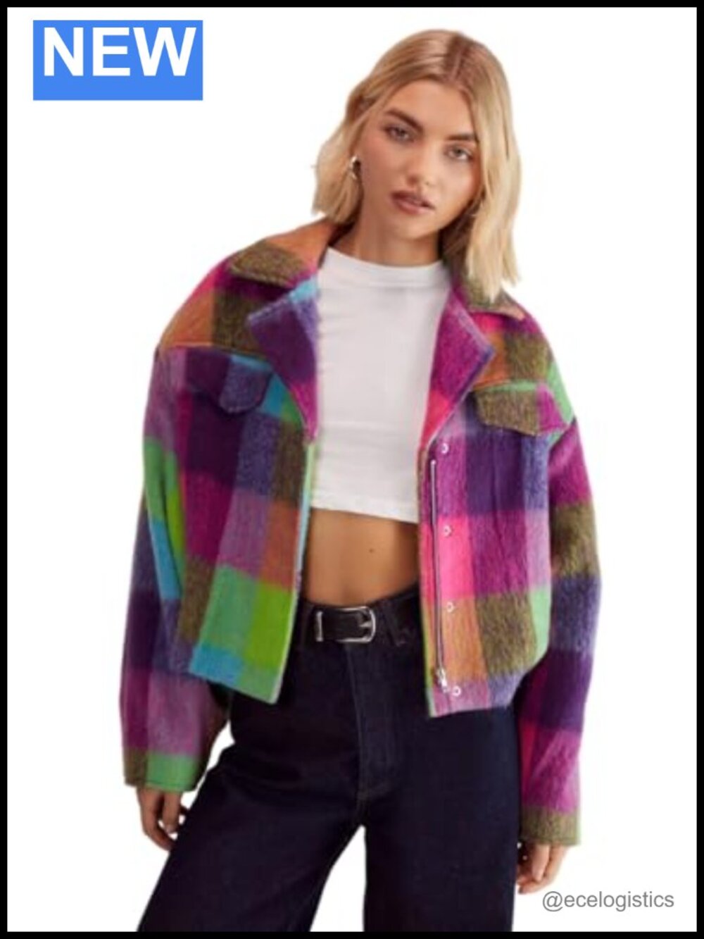 Check Wool Blend Cropped Trucker Jacket Oversized